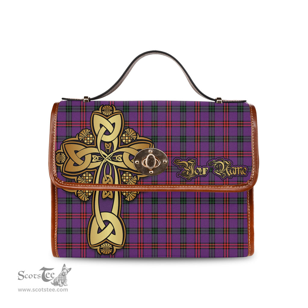 ScotsTee Shop Scottish Montgomery Modern Clan Tartan Canvas Bag Golden Thistle and Celtic Cross Personalize Your Name Bag