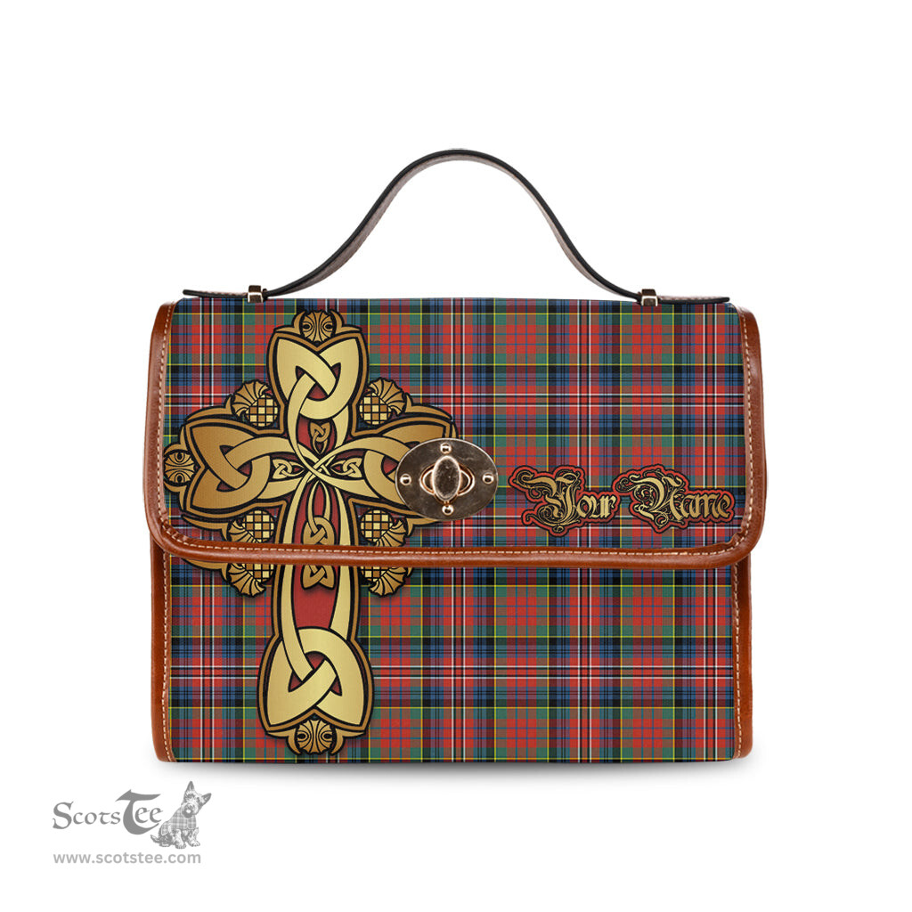 ScotsTee Shop Scottish MacPherson Ancient Clan Tartan Canvas Bag Golden Thistle and Celtic Cross Personalize Your Name Bag