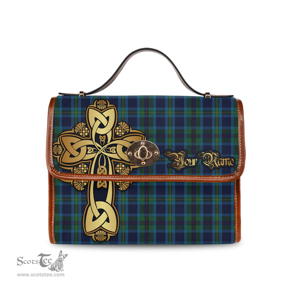 ScotsTee Shop Scottish Miller Clan Tartan Canvas Bag Golden Thistle and Celtic Cross Personalize Your Name Bag
