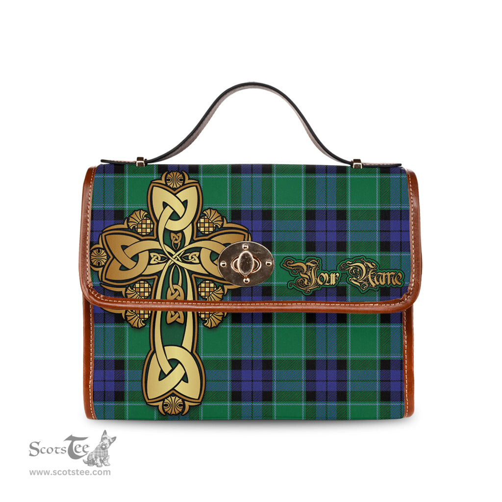 ScotsTee Shop Scottish Monteith Clan Tartan Canvas Bag Golden Thistle and Celtic Cross Personalize Your Name Bag