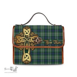 ScotsTee Shop Scottish Mow Clan Tartan Canvas Bag Golden Thistle and Celtic Cross Personalize Your Name Bag