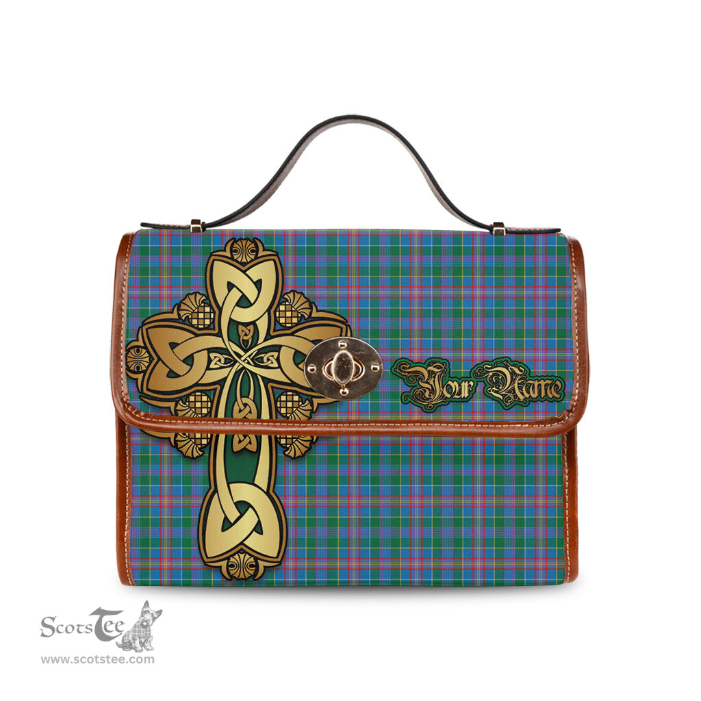 ScotsTee Shop Scottish Pitcairn Hunting Clan Tartan Canvas Bag Golden Thistle and Celtic Cross Personalize Your Name Bag