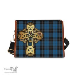 ScotsTee Shop Scottish Ramsay Blue Hunting Clan Tartan Canvas Bag Golden Thistle and Celtic Cross Personalize Your Name Bag