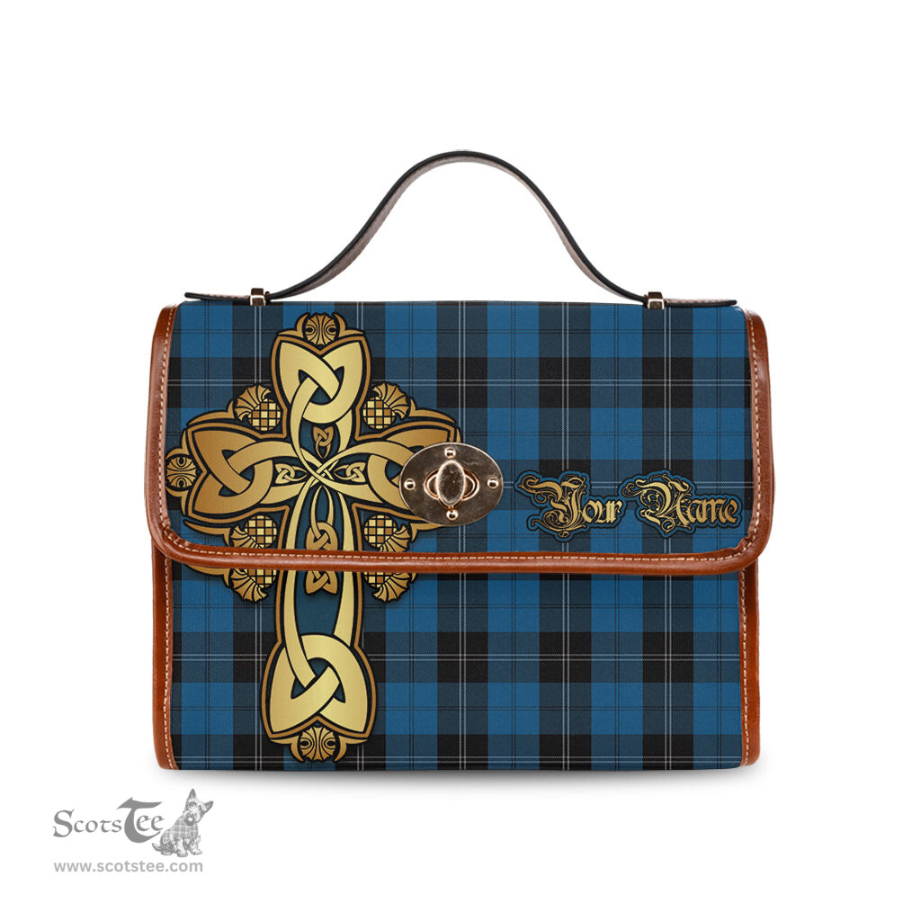 ScotsTee Shop Scottish Ramsay Blue Hunting Clan Tartan Canvas Bag Golden Thistle and Celtic Cross Personalize Your Name Bag