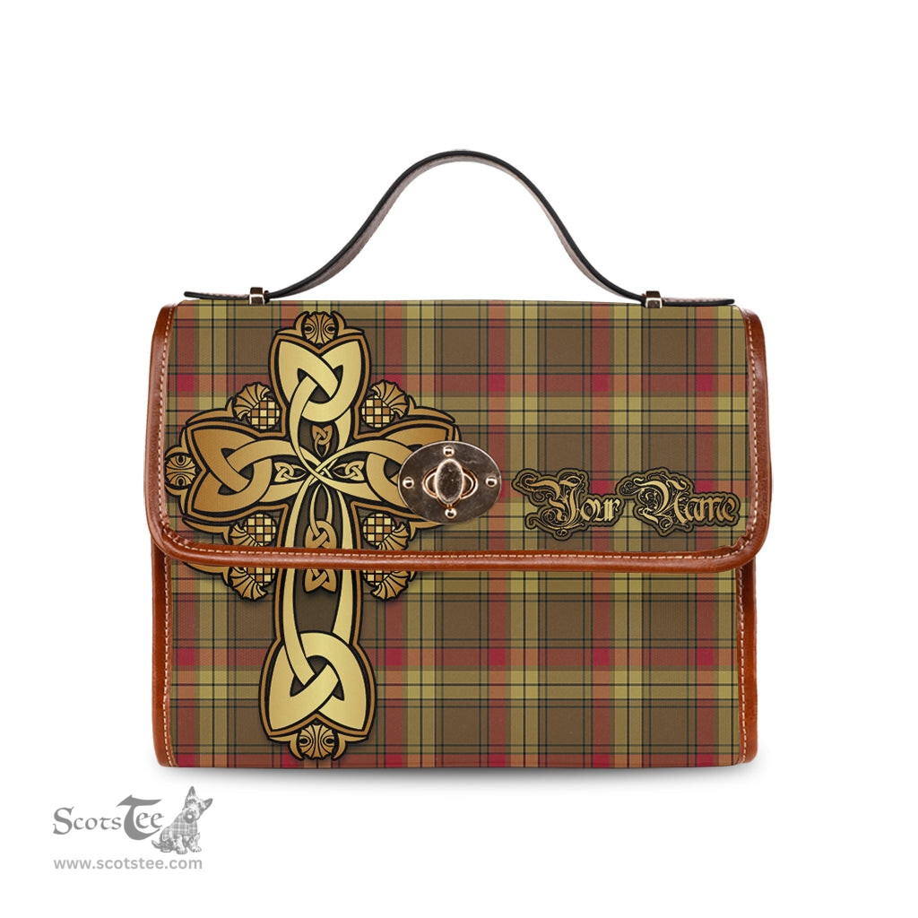 ScotsTee Shop Scottish MacMillan Old Weathered Clan Tartan Canvas Bag Golden Thistle and Celtic Cross Personalize Your Name Bag