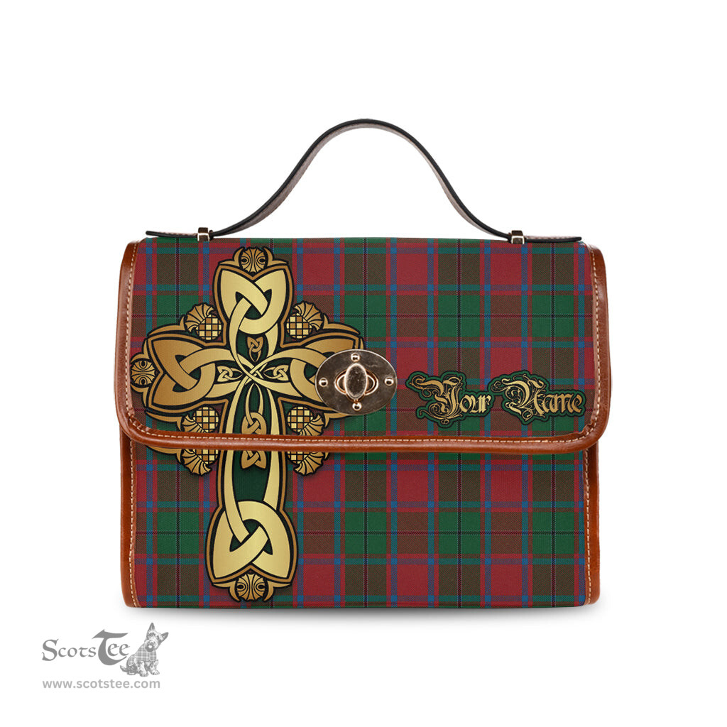 ScotsTee Shop Scottish MacPhail Blue Bands Clan Tartan Canvas Bag Golden Thistle and Celtic Cross Personalize Your Name Bag