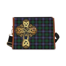 ScotsTee Shop Scottish Russell Modern Clan Tartan Canvas Bag Golden Thistle and Celtic Cross Personalize Your Name Bag