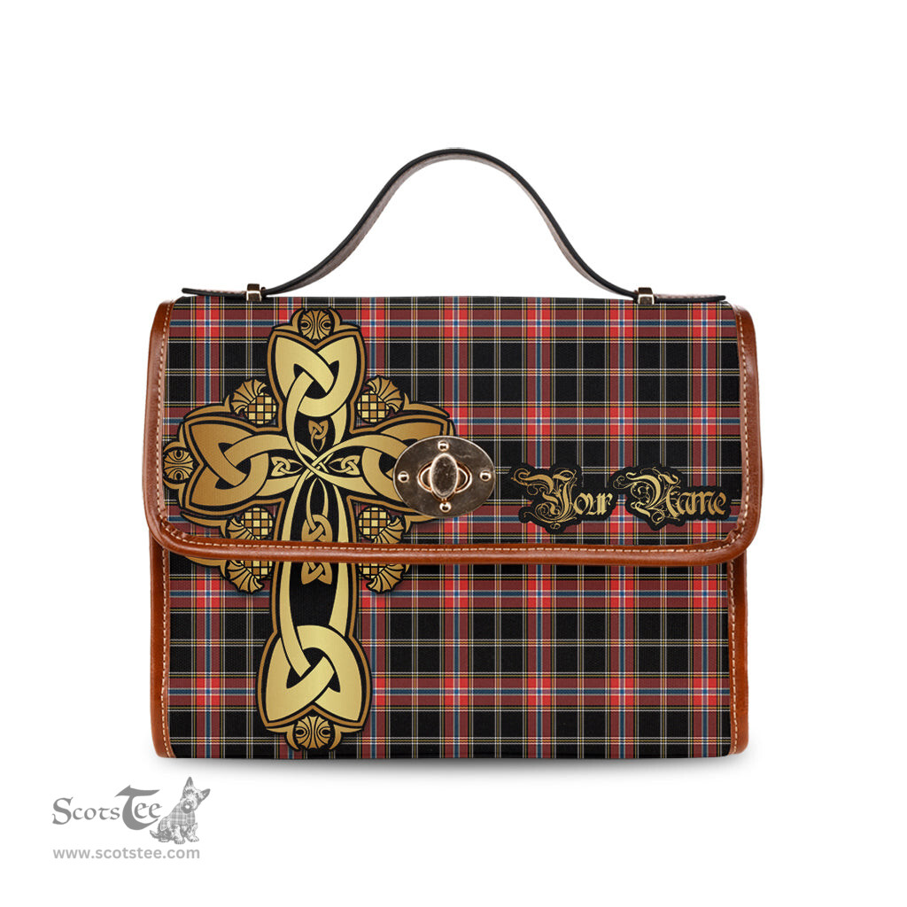 ScotsTee Shop Scottish Norwegian Night Clan Tartan Canvas Bag Golden Thistle and Celtic Cross Personalize Your Name Bag