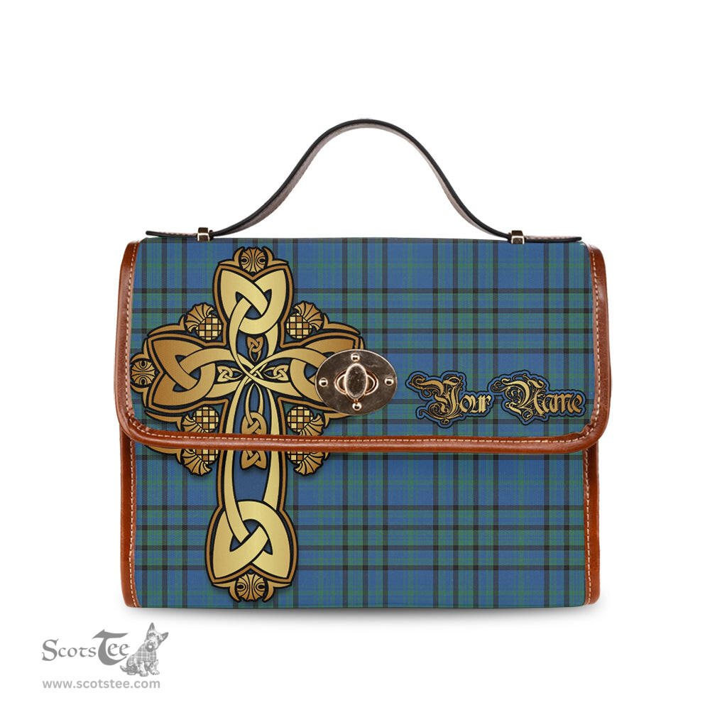 ScotsTee Shop Scottish Matheson Hunting Ancient Clan Tartan Canvas Bag Golden Thistle and Celtic Cross Personalize Your Name Bag