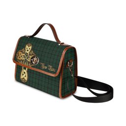 ScotsTee Shop Scottish Menzies Green Clan Tartan Canvas Bag Golden Thistle and Celtic Cross Personalize Your Name Bag