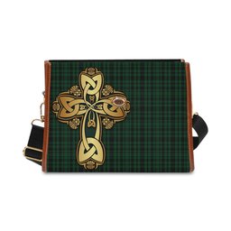 ScotsTee Shop Scottish Menzies Green Clan Tartan Canvas Bag Golden Thistle and Celtic Cross Personalize Your Name Bag