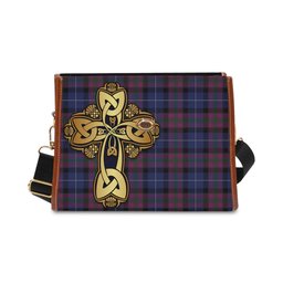 ScotsTee Shop Scottish Pride of Scotland Clan Tartan Canvas Bag Golden Thistle and Celtic Cross Personalize Your Name Bag