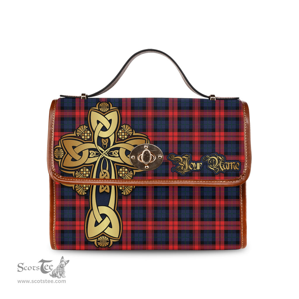 ScotsTee Shop Scottish MacLachlan Modern Clan Tartan Canvas Bag Golden Thistle and Celtic Cross Personalize Your Name Bag