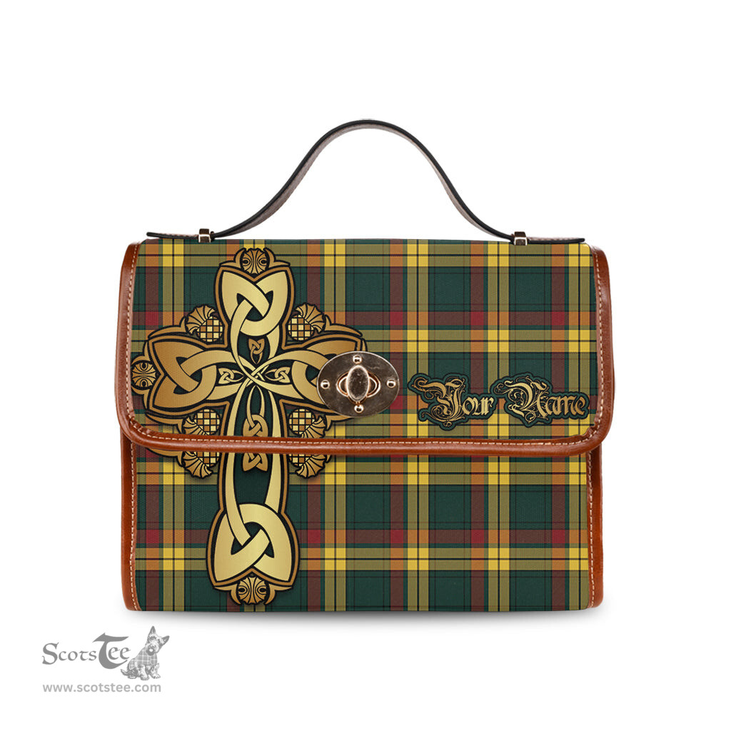 ScotsTee Shop Scottish MacMillan Old Modern Clan Tartan Canvas Bag Golden Thistle and Celtic Cross Personalize Your Name Bag