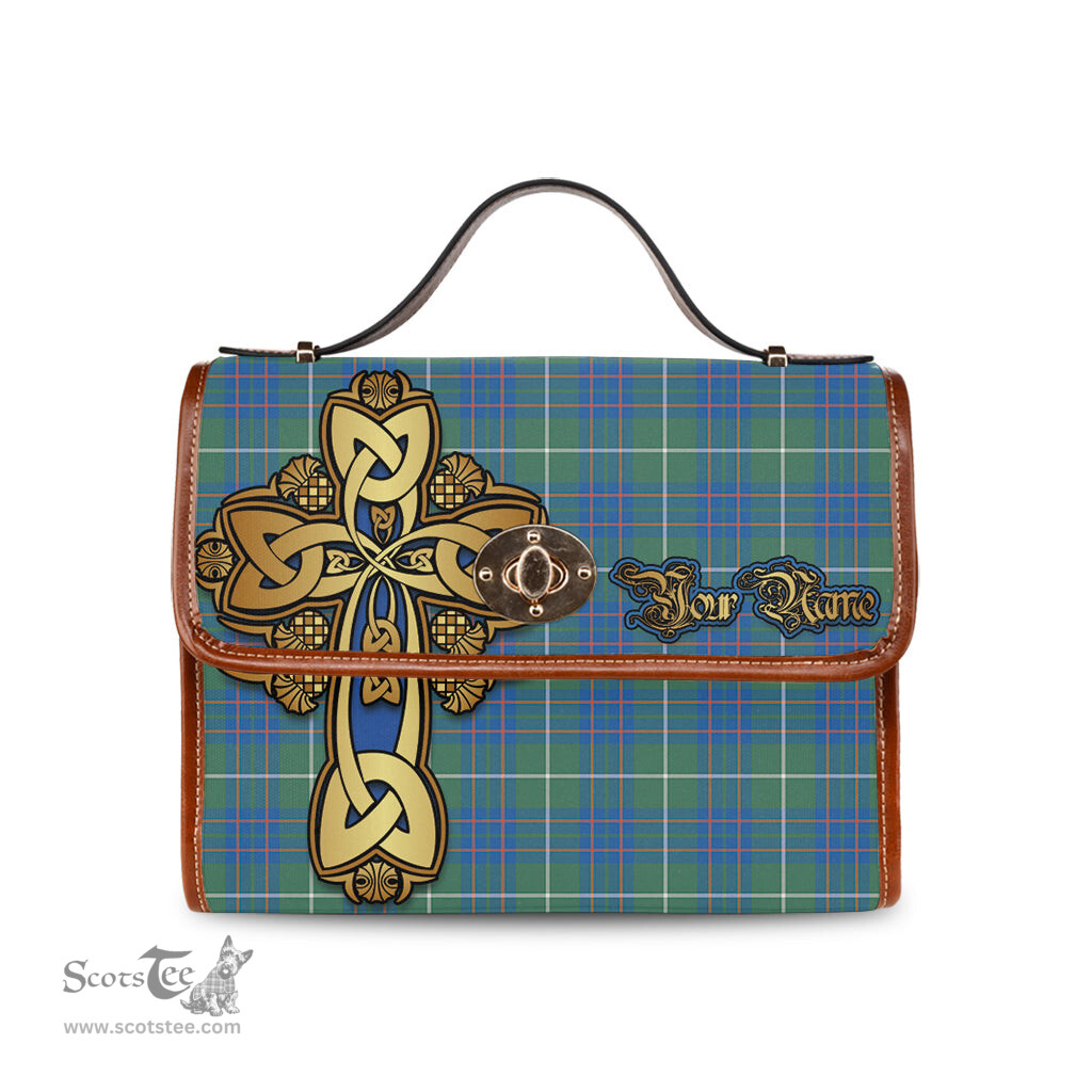 ScotsTee Shop Scottish MacIntyre Hunting Ancient Clan Tartan Canvas Bag Golden Thistle and Celtic Cross Personalize Your Name Bag