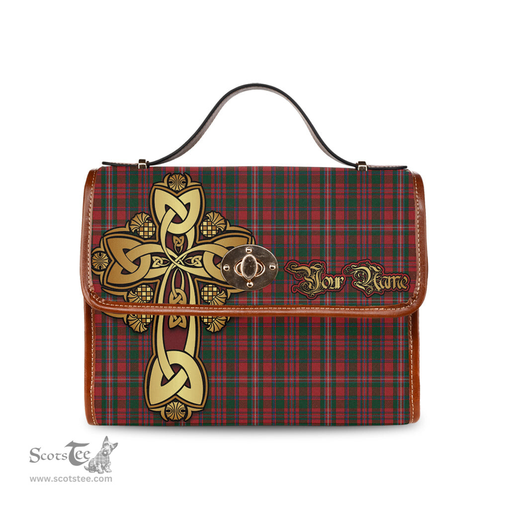 ScotsTee Shop Scottish MacKinnon Clan Tartan Canvas Bag Golden Thistle and Celtic Cross Personalize Your Name Bag