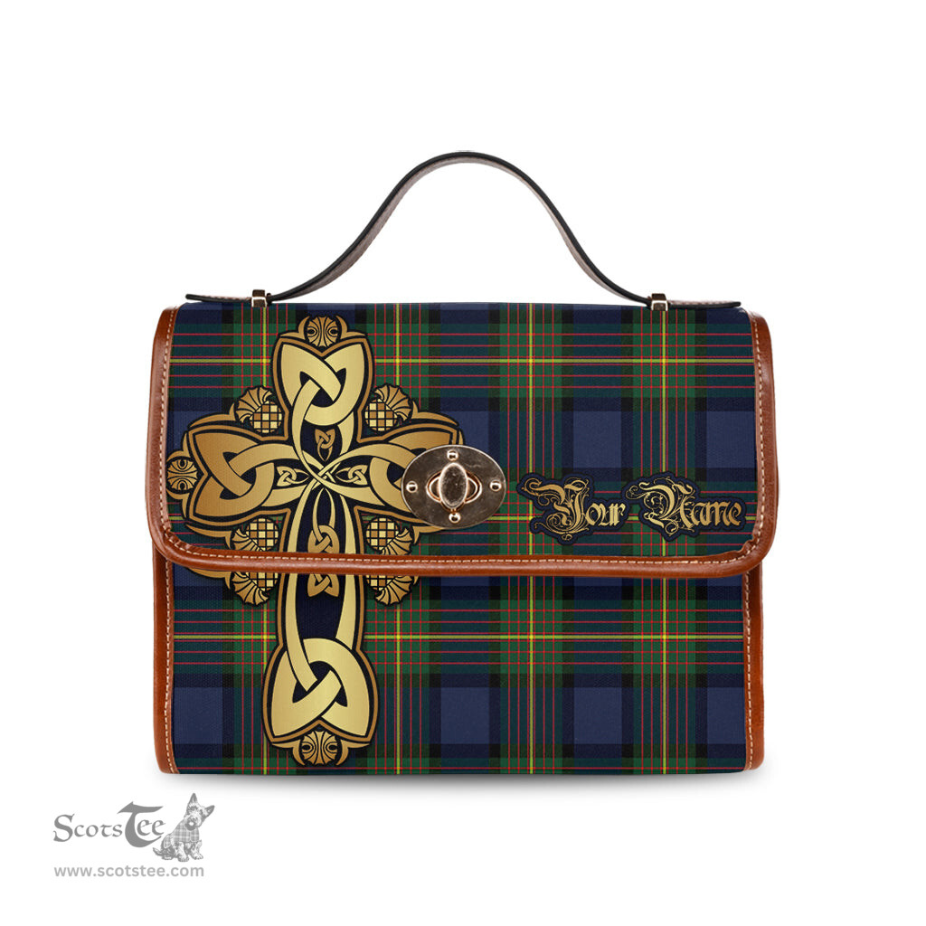 ScotsTee Shop Scottish Moore Clan Tartan Canvas Bag Golden Thistle and Celtic Cross Personalize Your Name Bag