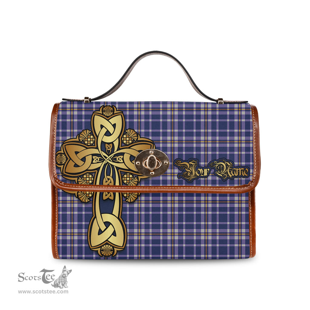ScotsTee Shop Scottish Ochterlony Clan Tartan Canvas Bag Golden Thistle and Celtic Cross Personalize Your Name Bag