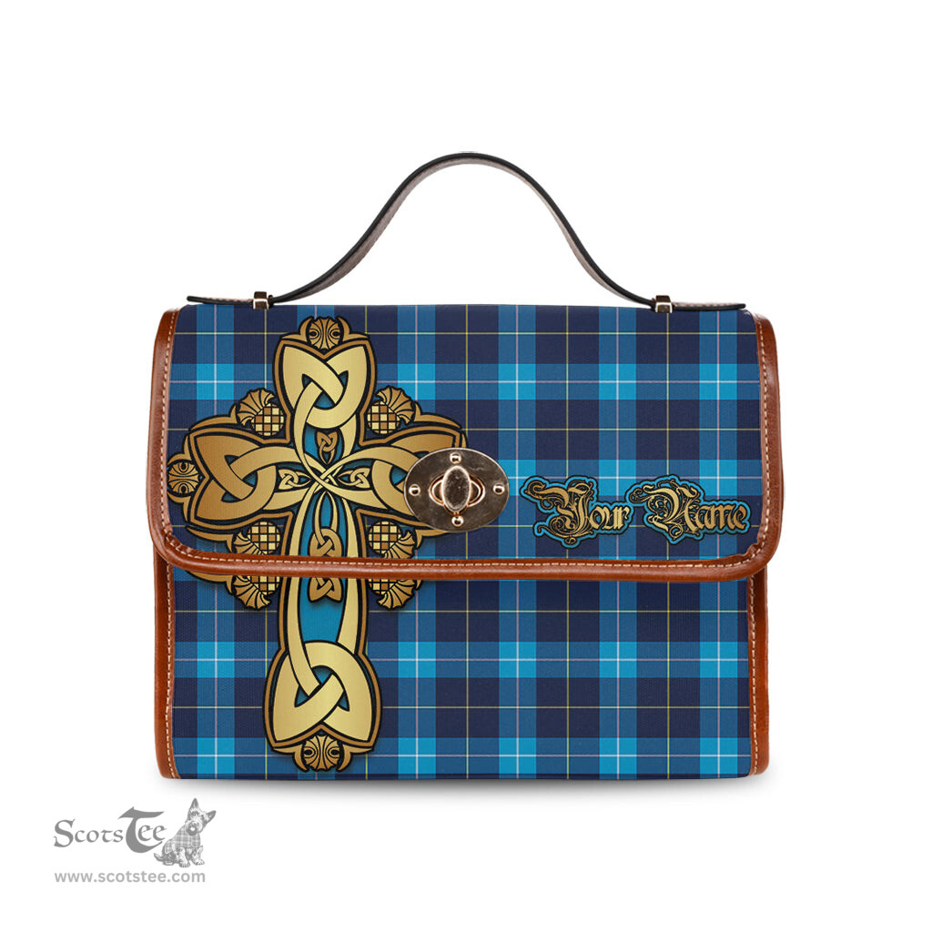 ScotsTee Shop Scottish McKerrell Clan Tartan Canvas Bag Golden Thistle and Celtic Cross Personalize Your Name Bag