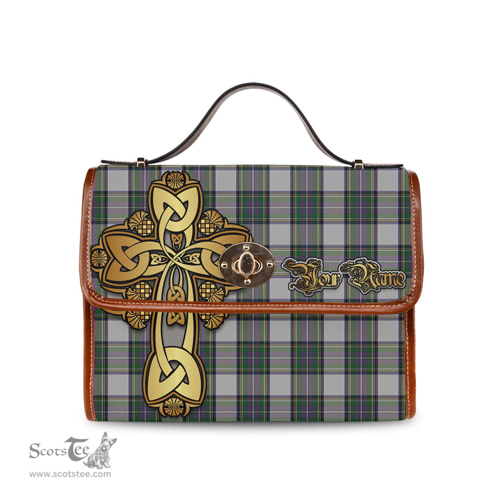 ScotsTee Shop Scottish Pritchard Clan Tartan Canvas Bag Golden Thistle and Celtic Cross Personalize Your Name Bag
