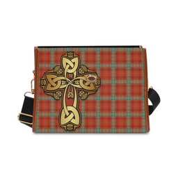 ScotsTee Shop Scottish Morrison Red Ancient Clan Tartan Canvas Bag Golden Thistle and Celtic Cross Personalize Your Name Bag