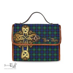 ScotsTee Shop Scottish Sempill Modern Clan Tartan Canvas Bag Golden Thistle and Celtic Cross Personalize Your Name Bag