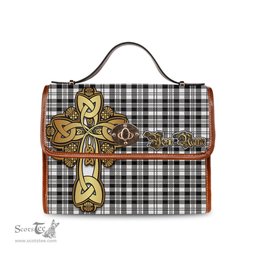 ScotsTee Shop Scottish Scott Black White Clan Tartan Canvas Bag Golden Thistle and Celtic Cross Personalize Your Name Bag