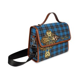 ScotsTee Shop Scottish Ramsay Blue Ancient Clan Tartan Canvas Bag Golden Thistle and Celtic Cross Personalize Your Name Bag