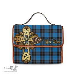 ScotsTee Shop Scottish Ramsay Blue Ancient Clan Tartan Canvas Bag Golden Thistle and Celtic Cross Personalize Your Name Bag