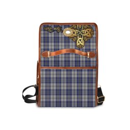ScotsTee Shop Scottish MacPherson Dress Blue Clan Tartan Canvas Bag Golden Thistle and Celtic Cross Personalize Your Name Bag