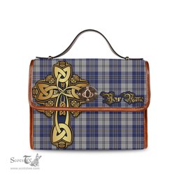 ScotsTee Shop Scottish MacPherson Dress Blue Clan Tartan Canvas Bag Golden Thistle and Celtic Cross Personalize Your Name Bag