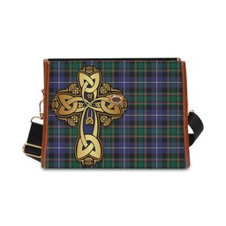 ScotsTee Shop Scottish MacRae Hunting Modern Clan Tartan Canvas Bag Golden Thistle and Celtic Cross Personalize Your Name Bag