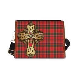 ScotsTee Shop Scottish Munro Modern Clan Tartan Canvas Bag Golden Thistle and Celtic Cross Personalize Your Name Bag