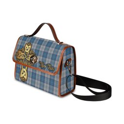 ScotsTee Shop Scottish Menzies Dress Blue and White Clan Tartan Canvas Bag Golden Thistle and Celtic Cross Personalize Your Name Bag
