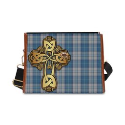 ScotsTee Shop Scottish Menzies Dress Blue and White Clan Tartan Canvas Bag Golden Thistle and Celtic Cross Personalize Your Name Bag