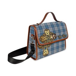 ScotsTee Shop Scottish Menzies Dress Blue and White Clan Tartan Canvas Bag Golden Thistle and Celtic Cross Personalize Your Name Bag
