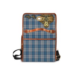 ScotsTee Shop Scottish Menzies Dress Blue and White Clan Tartan Canvas Bag Golden Thistle and Celtic Cross Personalize Your Name Bag