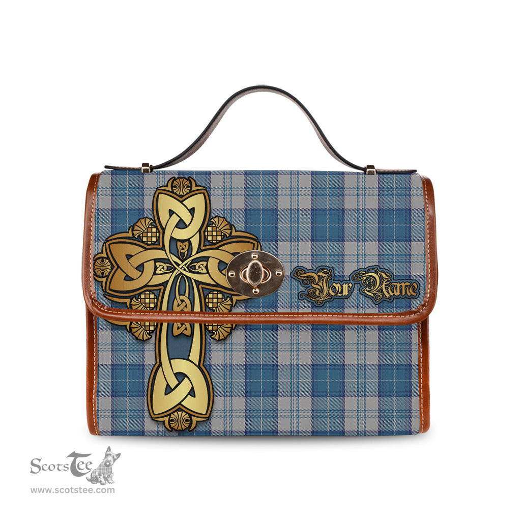 ScotsTee Shop Scottish Menzies Dress Blue and White Clan Tartan Canvas Bag Golden Thistle and Celtic Cross Personalize Your Name Bag