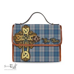 ScotsTee Shop Scottish Menzies Dress Blue and White Clan Tartan Canvas Bag Golden Thistle and Celtic Cross Personalize Your Name Bag