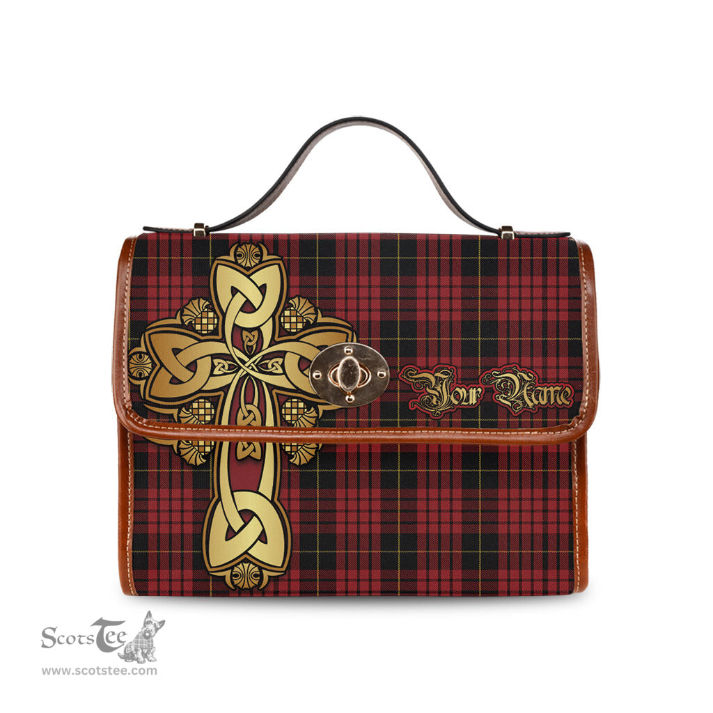 ScotsTee Shop Scottish MacQueen Clan Tartan Canvas Bag Golden Thistle and Celtic Cross Personalize Your Name Bag