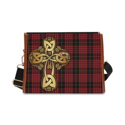 ScotsTee Shop Scottish MacQueen Clan Tartan Canvas Bag Golden Thistle and Celtic Cross Personalize Your Name Bag