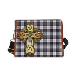ScotsTee Shop Scottish MacRae Dress Modern Clan Tartan Canvas Bag Golden Thistle and Celtic Cross Personalize Your Name Bag