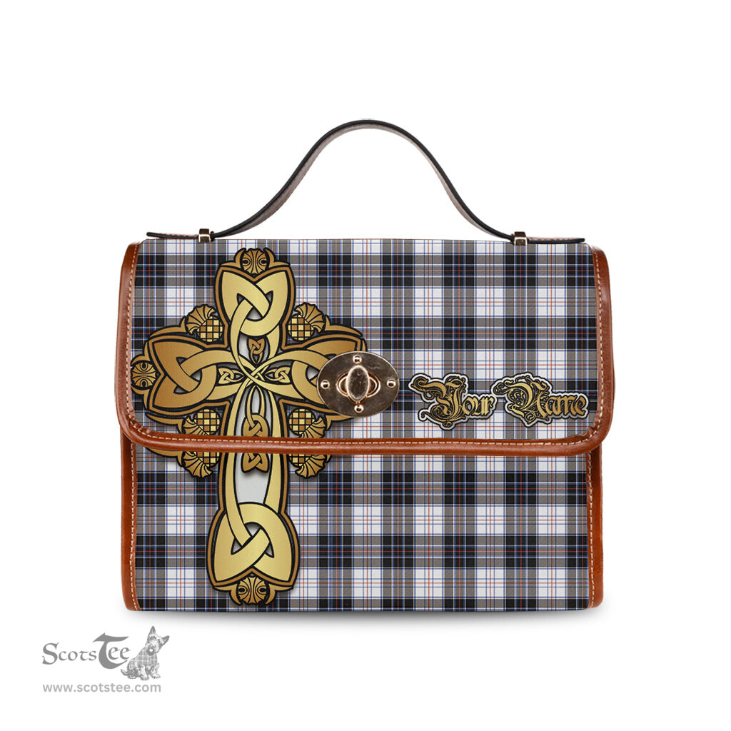 ScotsTee Shop Scottish MacRae Dress Modern Clan Tartan Canvas Bag Golden Thistle and Celtic Cross Personalize Your Name Bag