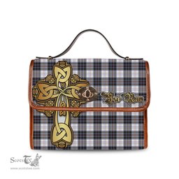 ScotsTee Shop Scottish MacRae Dress Modern Clan Tartan Canvas Bag Golden Thistle and Celtic Cross Personalize Your Name Bag