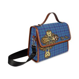 ScotsTee Shop Scottish Mercer Modern Clan Tartan Canvas Bag Golden Thistle and Celtic Cross Personalize Your Name Bag