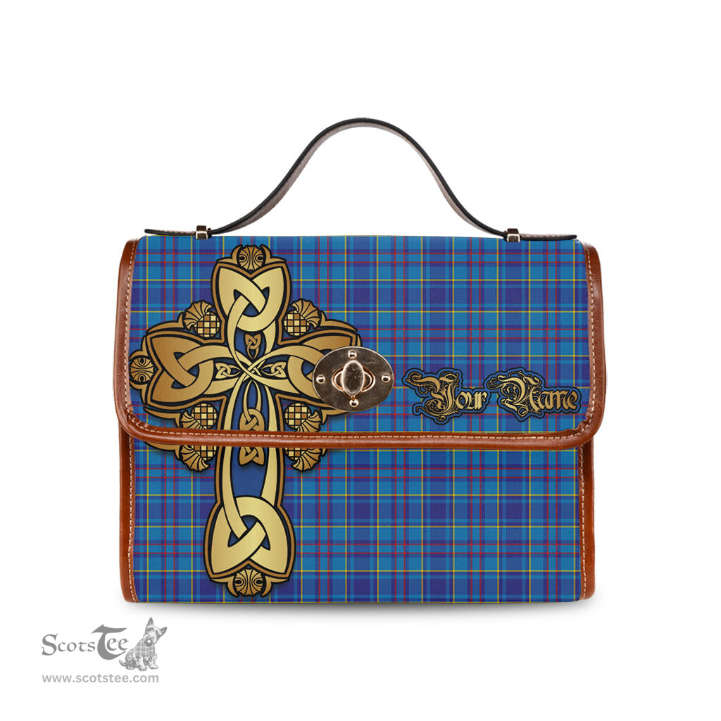 ScotsTee Shop Scottish Mercer Modern Clan Tartan Canvas Bag Golden Thistle and Celtic Cross Personalize Your Name Bag