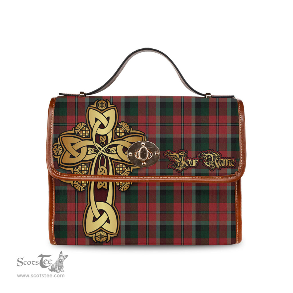 ScotsTee Shop Scottish Montrose Clan Tartan Canvas Bag Golden Thistle and Celtic Cross Personalize Your Name Bag
