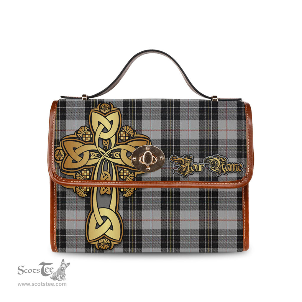 ScotsTee Shop Scottish MacPherson Dress Clan Tartan Canvas Bag Golden Thistle and Celtic Cross Personalize Your Name Bag