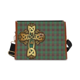 ScotsTee Shop Scottish MacKinnon Hunting Ancient Clan Tartan Canvas Bag Golden Thistle and Celtic Cross Personalize Your Name Bag
