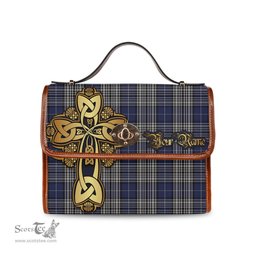 ScotsTee Shop Scottish Napier Clan Tartan Canvas Bag Golden Thistle and Celtic Cross Personalize Your Name Bag